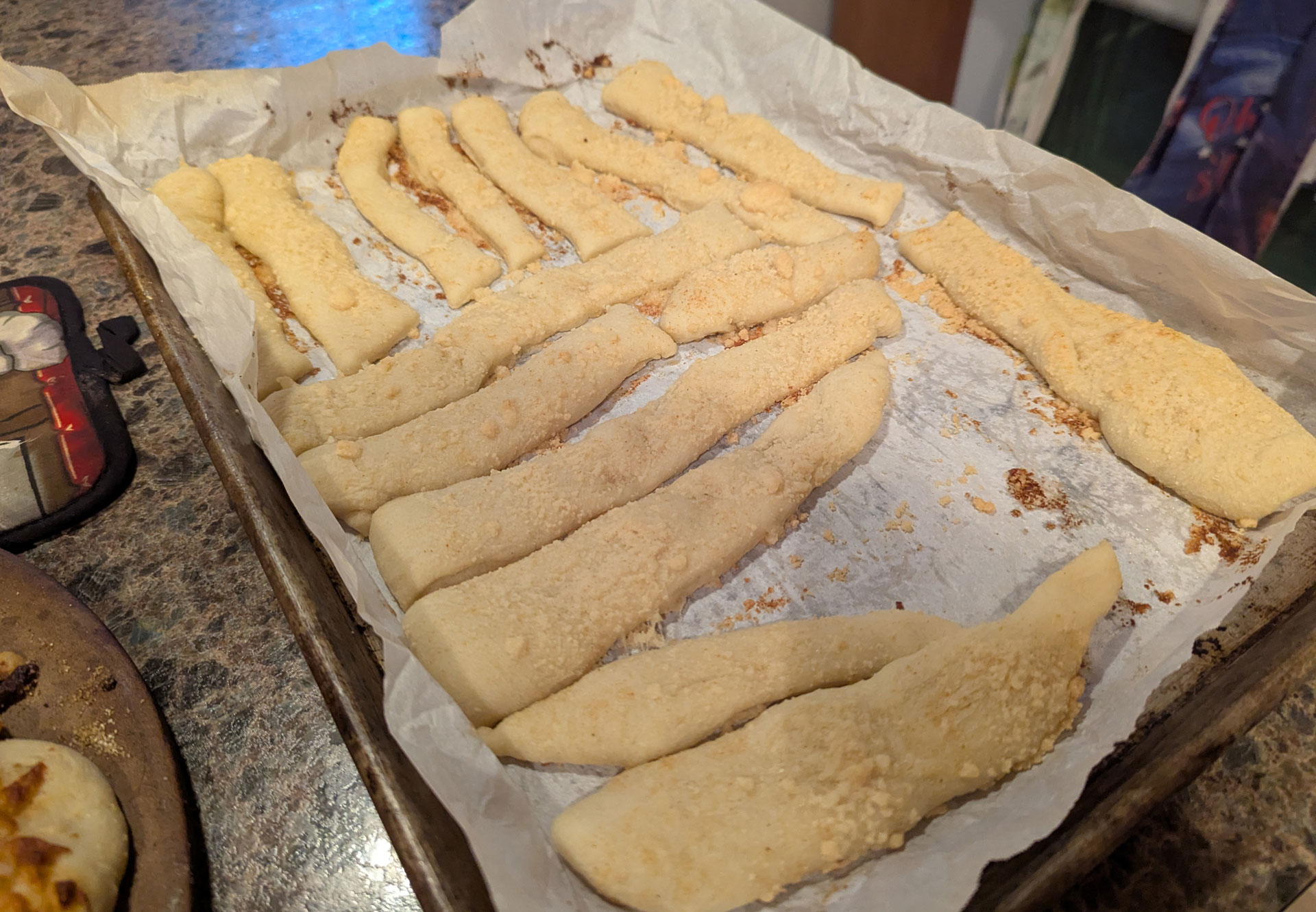 A cooked pan of funny stix